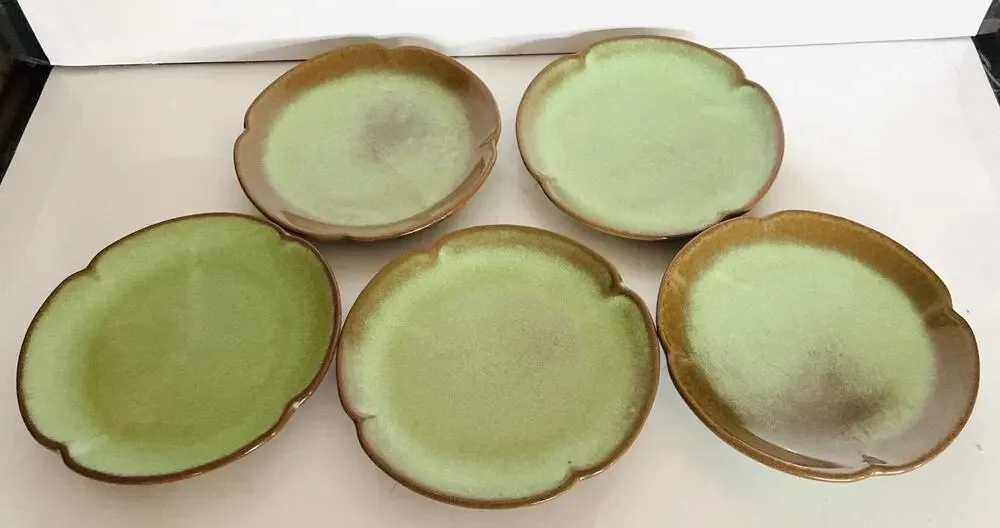 Five Vintage Frankoma Plainsman 5G Scalloped Dessert, Bread, Cake Grn Brn Plates